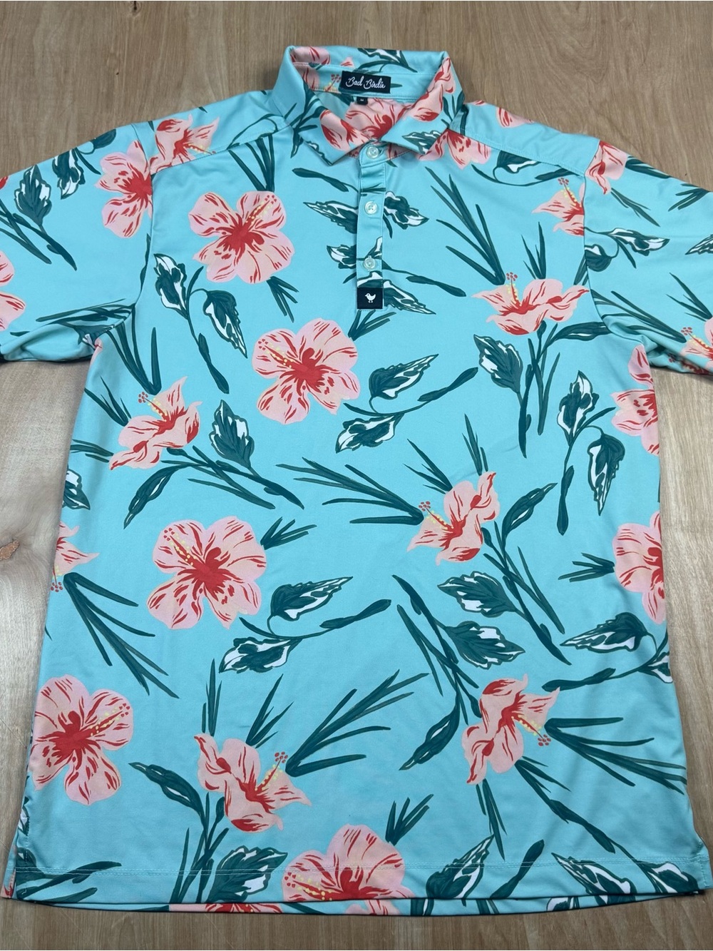 Bad Birdie Mens Blue Floral Tropical Short Sleeve Polo Shirt Logo Button Size M